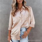 Spring Summer Solid Color Long Sleeve Office Collared Long Sleeve Shirt Solid Color Cardigan Satin Shirt Bella Mia