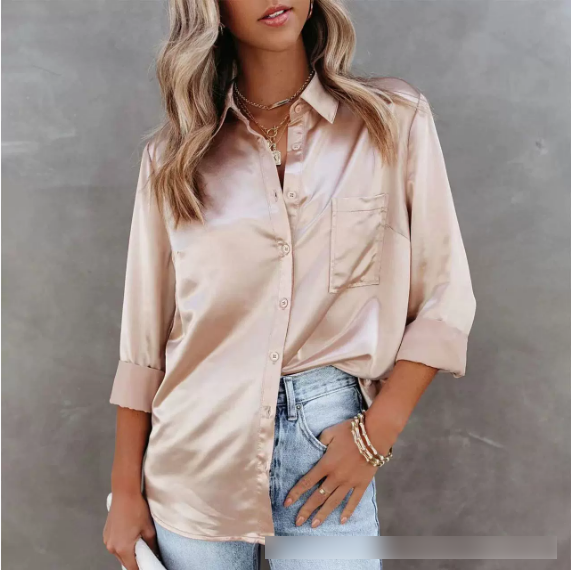 Spring Summer Solid Color Long Sleeve Office Collared Long Sleeve Shirt Solid Color Cardigan Satin Shirt Bella Mia
