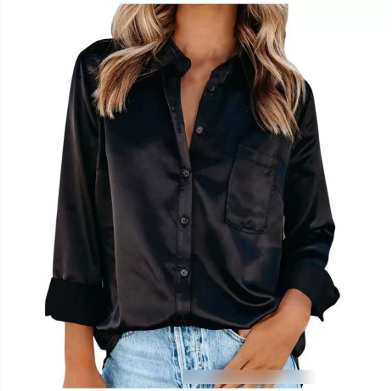 Spring Summer Solid Color Long Sleeve Office Collared Long Sleeve Shirt Solid Color Cardigan Satin Shirt Bella Mia