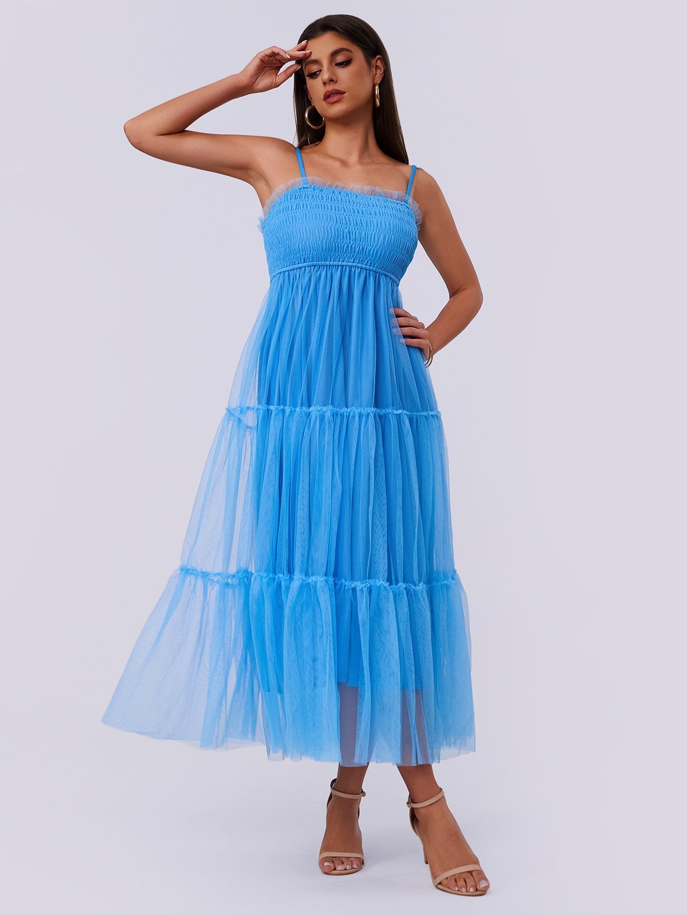 Women Clothing Sling Pleated Mesh Stitching Fluffy Short Sleeve Dress Bella Mia