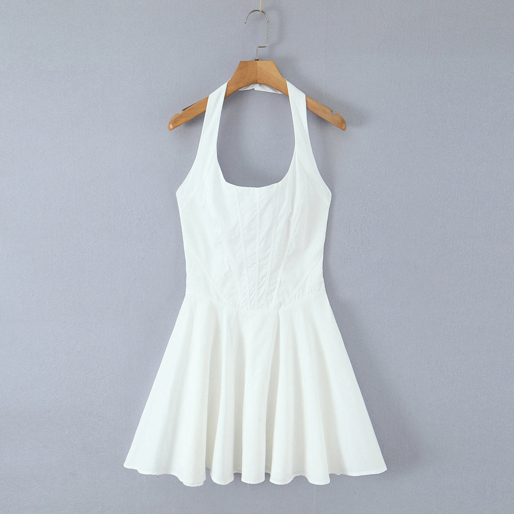 Summer Solid Color Elegant Green Sexy Waist Trimming Simple Halter Back Tied Dress Bella Mia