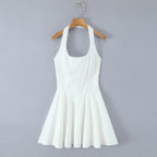 Summer Solid Color Elegant Green Sexy Waist Trimming Simple Halter Back Tied Dress Bella Mia