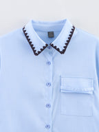 Women Clothing Autumn Niche Chic Shell Craft Blue Shirt Long Sleeve Loose Shirt Bella Mia