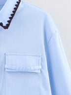 Women Clothing Autumn Niche Chic Shell Craft Blue Shirt Long Sleeve Loose Shirt Bella Mia