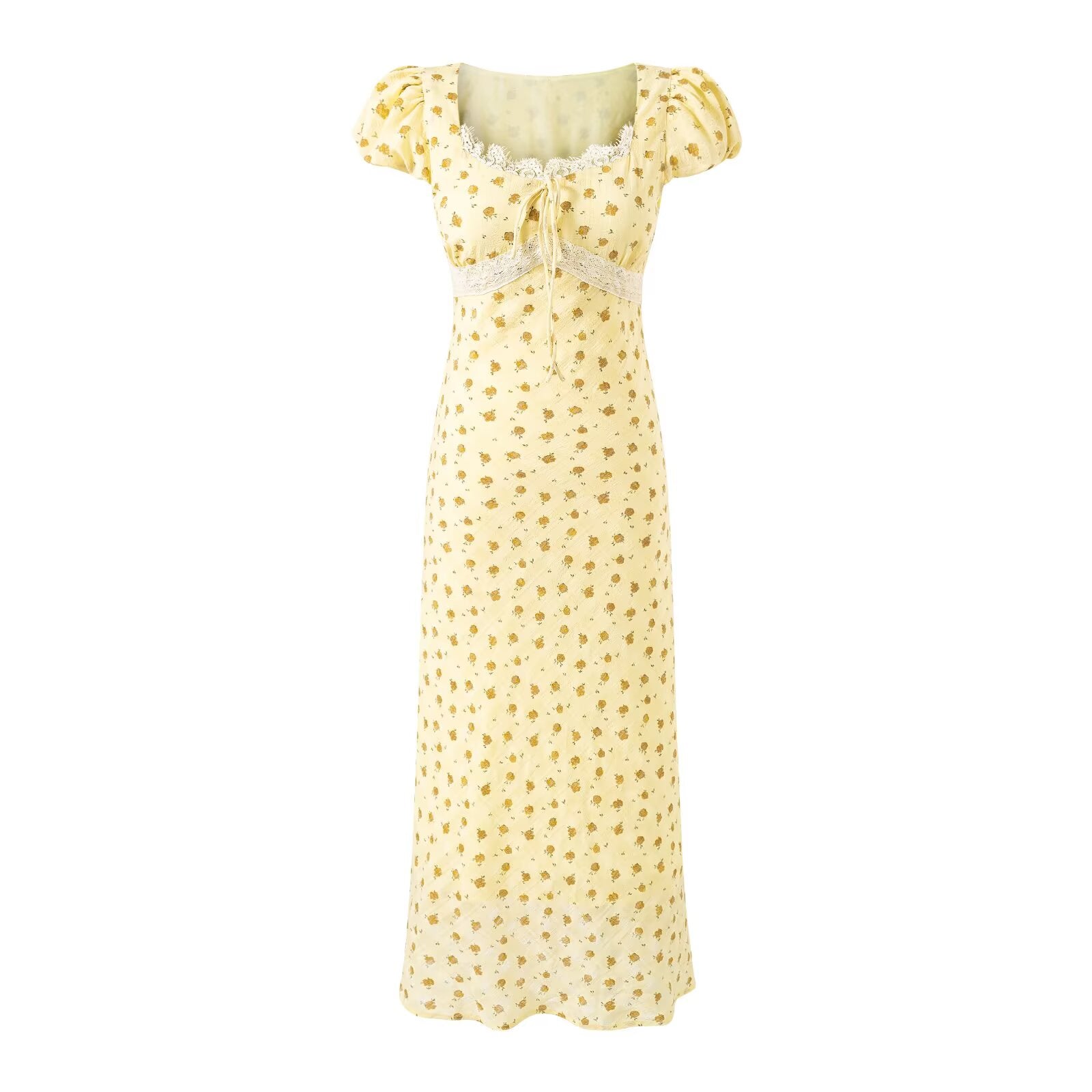 Gentle Square Collar Lace Stitching Bow Lace up Short Sleeve Floral Dress Waist Slim Fit Vacation Dress Bella Mia