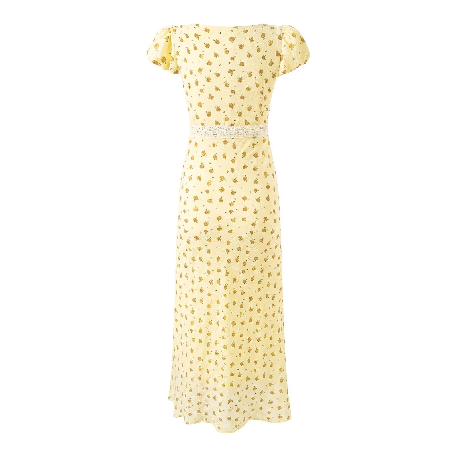 Gentle Square Collar Lace Stitching Bow Lace up Short Sleeve Floral Dress Waist Slim Fit Vacation Dress Bella Mia