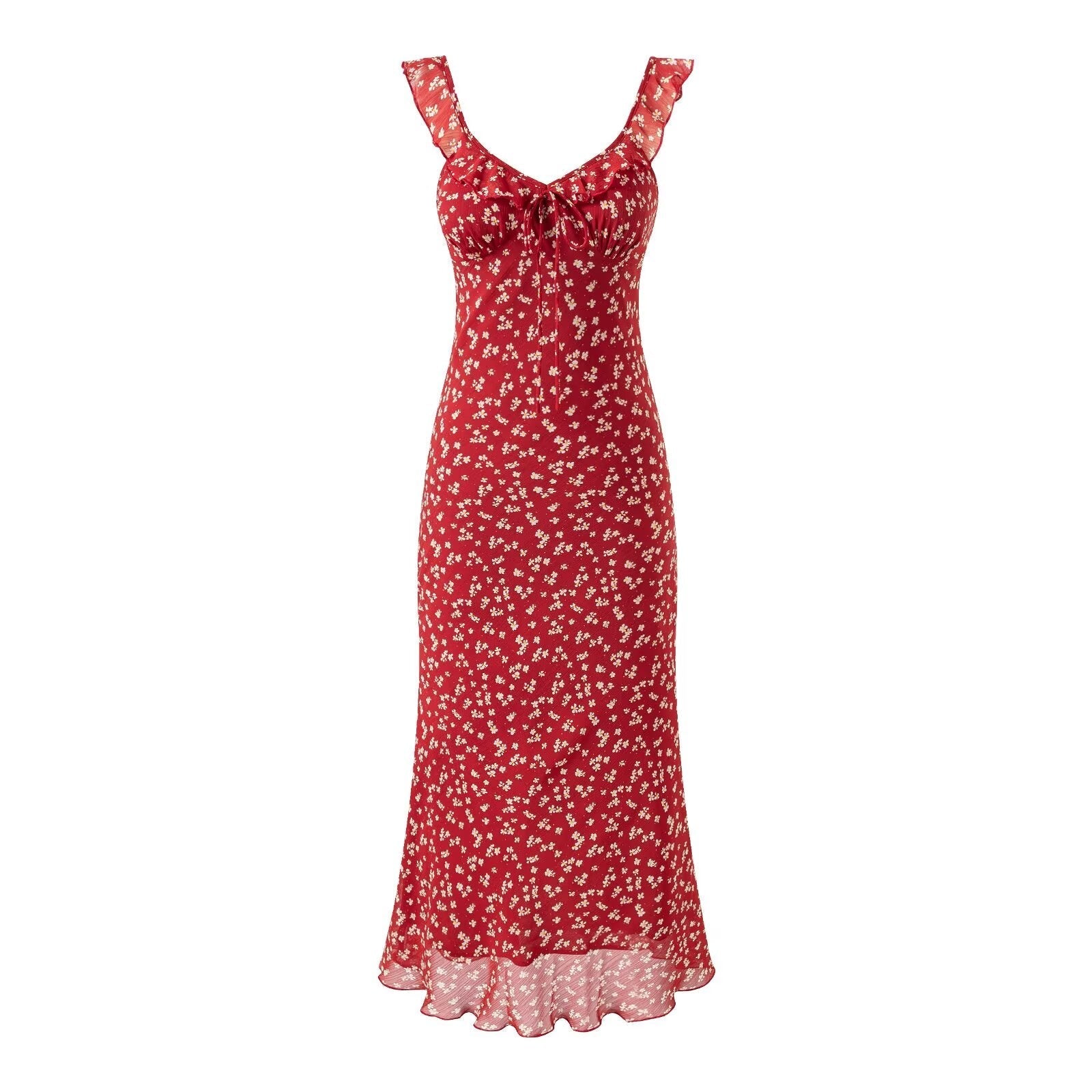 Red Small Floral Sling Dress Women Summer Tight Waist A line Slimming Backless Holiday Maxi Dress Bella Mia