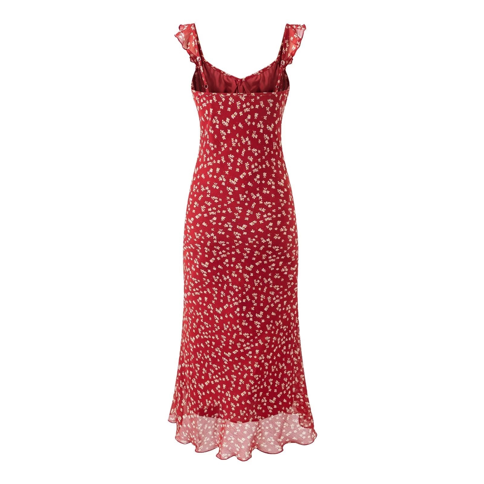 Red Small Floral Sling Dress Women Summer Tight Waist A line Slimming Backless Holiday Maxi Dress Bella Mia