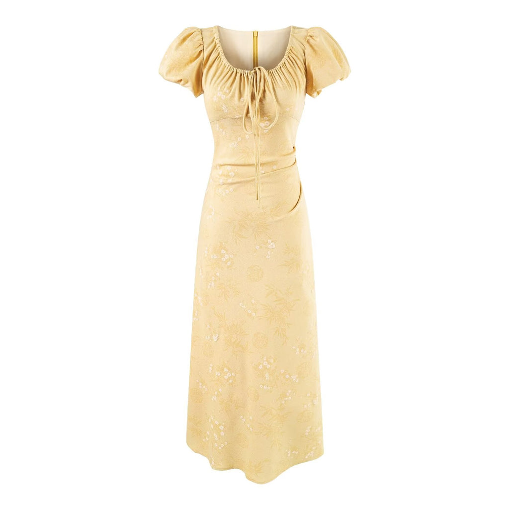 Summer French Gentle Elegant Jacquard Drawstring Waist Controlled Slimming Maxi Dress Bella Mia