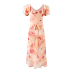 Romantic Vacation Gentle Rose Print Short Sleeved Dress Women Design Bow Ruffled V neck Dress Bella Mia