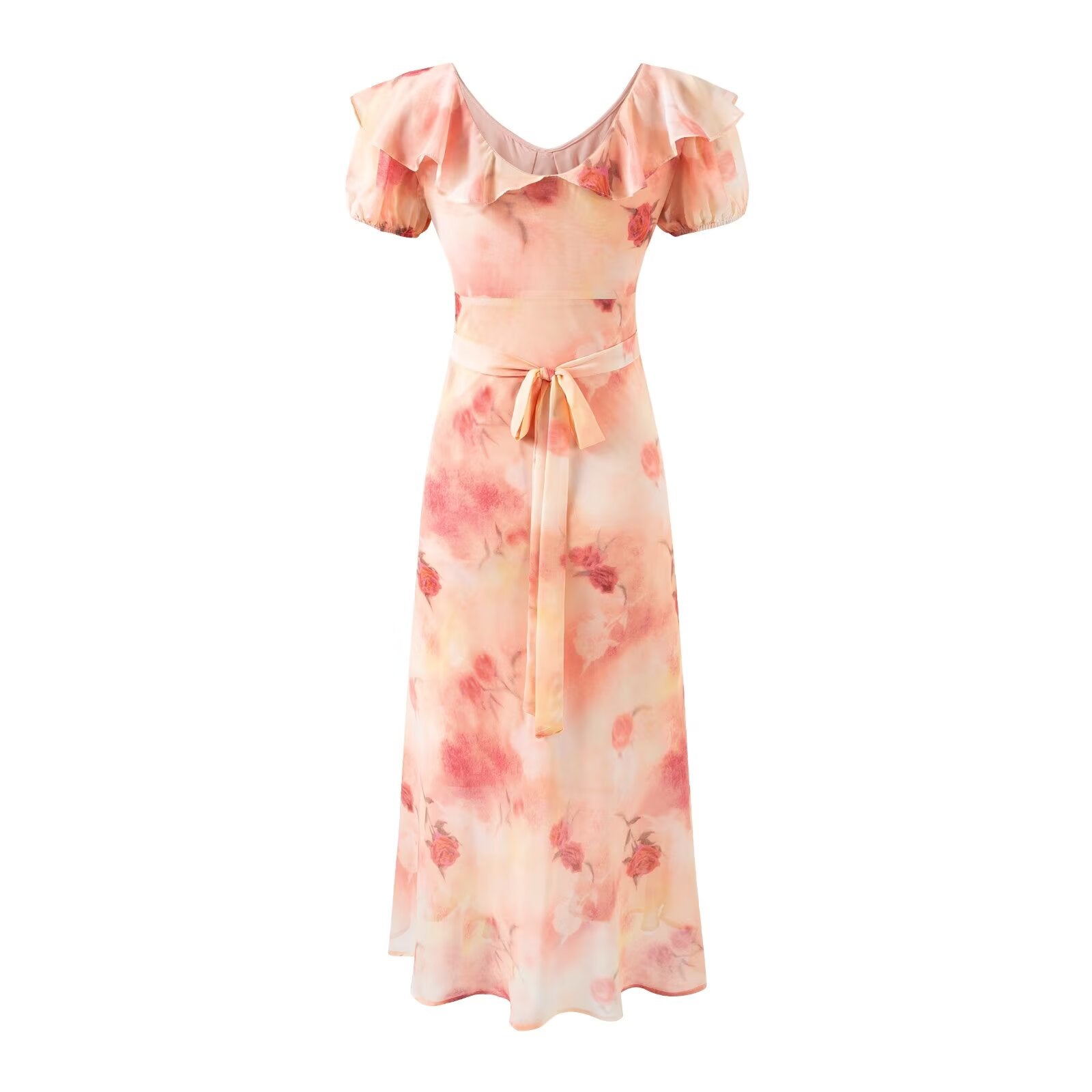 Romantic Vacation Gentle Rose Print Short Sleeved Dress Women Design Bow Ruffled V neck Dress Bella Mia
