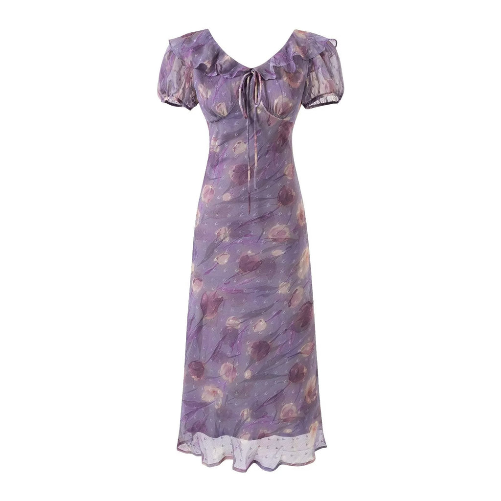 Lace up Light Purple Ruffled Maxi Dress Women Summer Tight Waist Slim Fit Dress Bella Mia