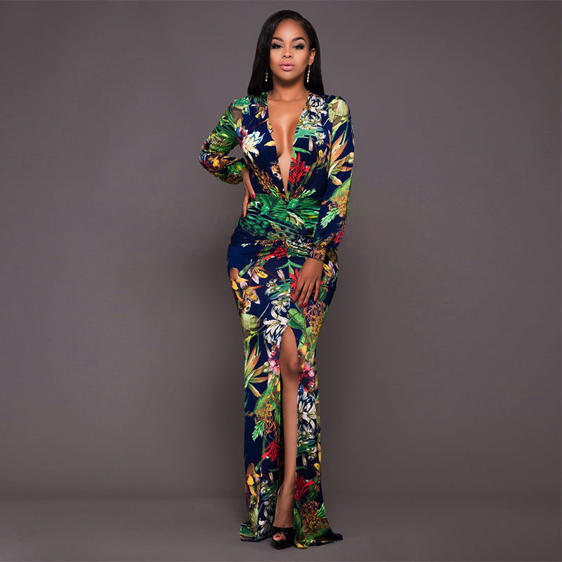 Sexy High Slit Printed Dress Arrival Women Clothing Deep V Plunge Plunge Long Sleeve Dress Plus Size Bella Mia