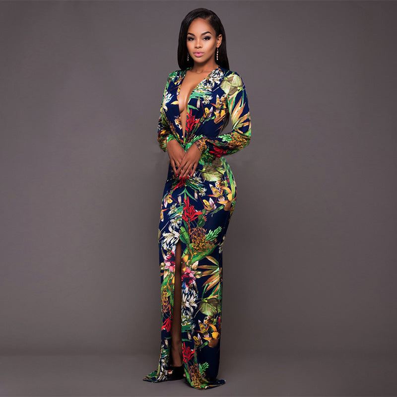 Sexy High Slit Printed Dress Arrival Women Clothing Deep V Plunge Plunge Long Sleeve Dress Plus Size Bella Mia