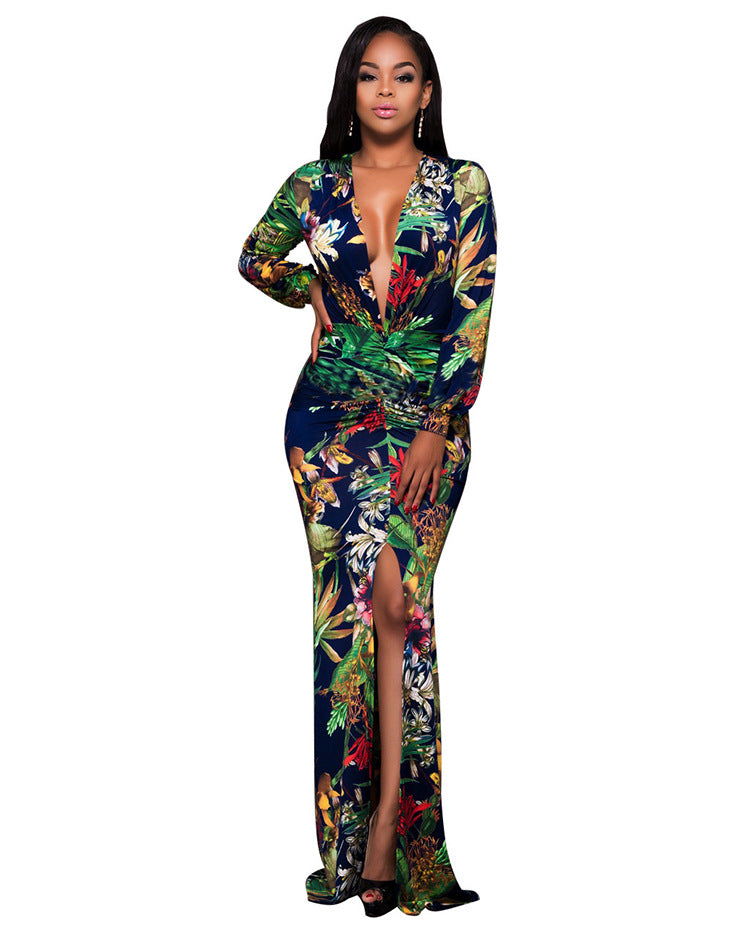 Sexy High Slit Printed Dress Arrival Women Clothing Deep V Plunge Plunge Long Sleeve Dress Plus Size Bella Mia