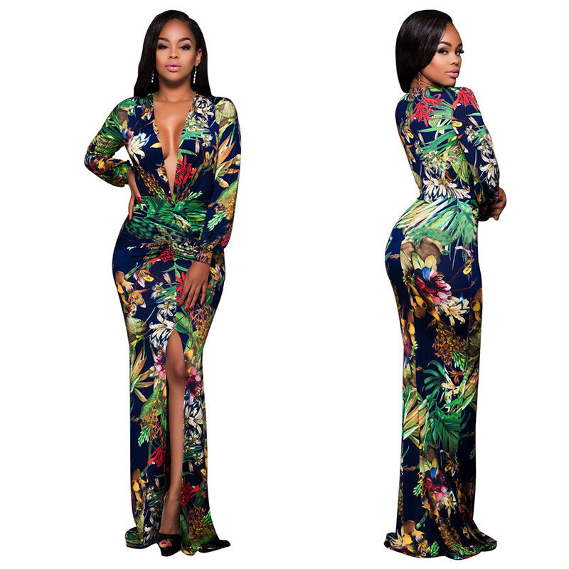 Sexy High Slit Printed Dress Arrival Women Clothing Deep V Plunge Plunge Long Sleeve Dress Plus Size Bella Mia