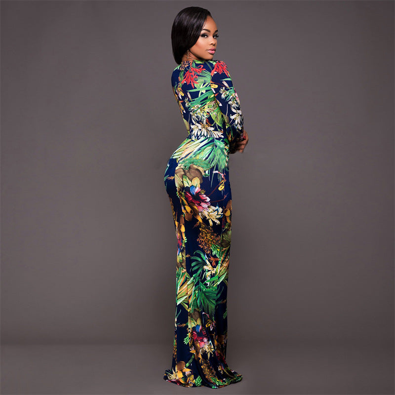 Sexy High Slit Printed Dress Arrival Women Clothing Deep V Plunge Plunge Long Sleeve Dress Plus Size Bella Mia