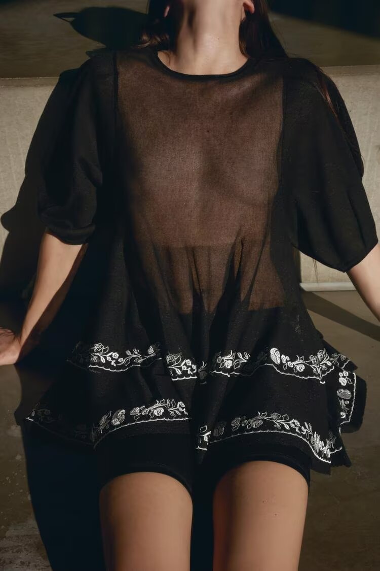 Women Clothing Summer round Neck Embroidered Translucent Long Sleeve Shirt Top Women Bella Mia
