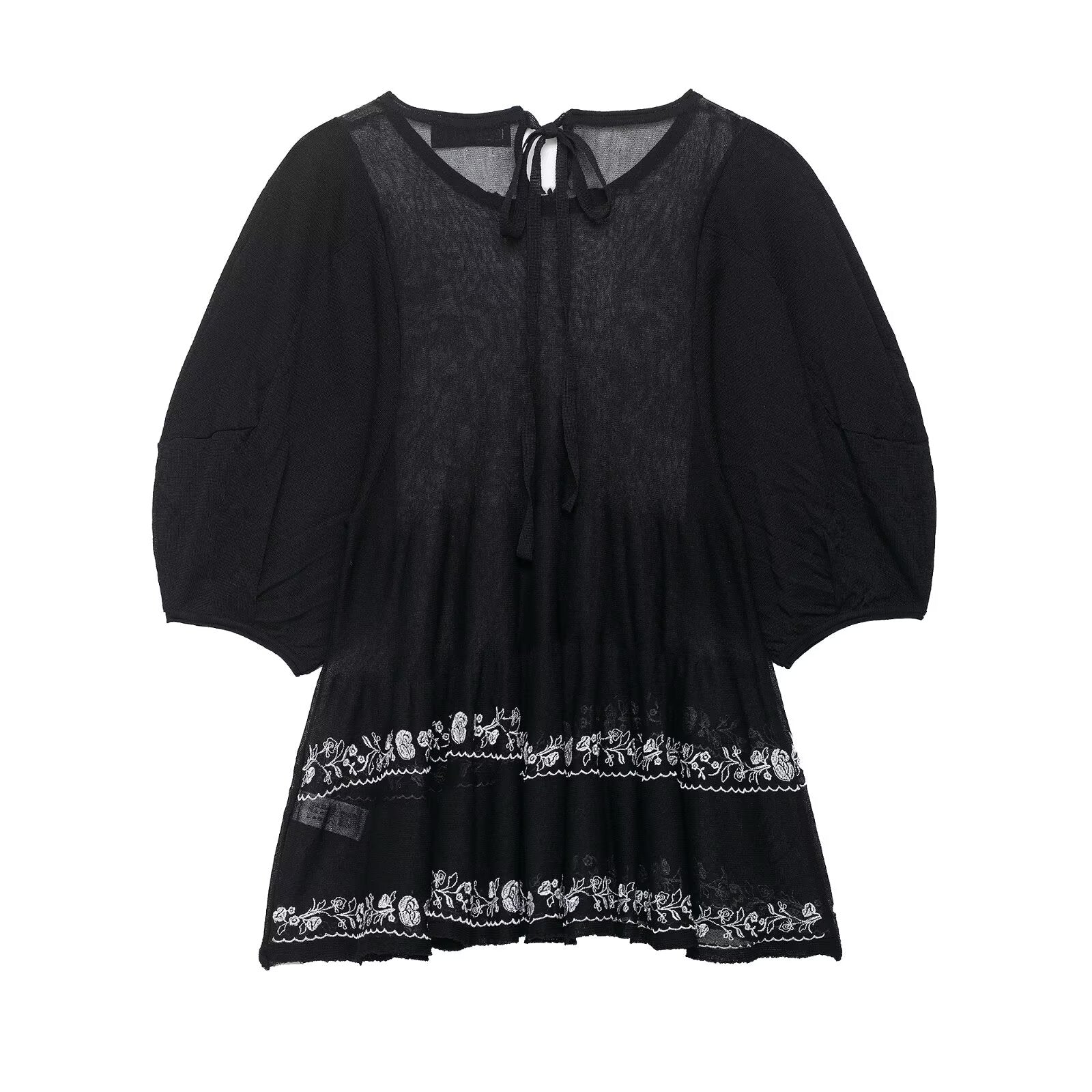 Women Clothing Summer round Neck Embroidered Translucent Long Sleeve Shirt Top Women Bella Mia