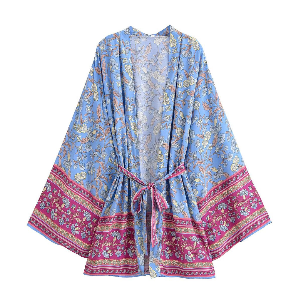 Rayon Printed Long Sleeve Cardigan Casual Loose Beach Kimono Dress Women Summer Bella Mia