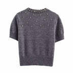 Spring round Neck Short Sleeve Jewelry Inlaid Rib round Neck ShortSleeved Knitted Cardigan Bella Mia