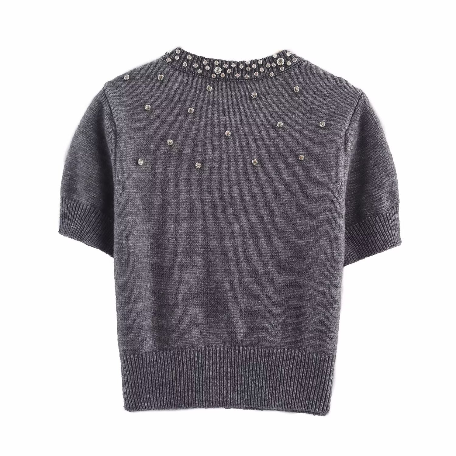 Spring round Neck Short Sleeve Jewelry Inlaid Rib round Neck ShortSleeved Knitted Cardigan Bella Mia