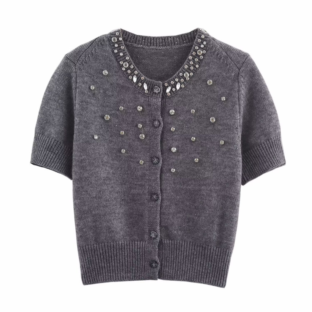 Spring round Neck Short Sleeve Jewelry Inlaid Rib round Neck ShortSleeved Knitted Cardigan Bella Mia