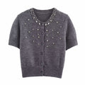 Spring round Neck Short Sleeve Jewelry Inlaid Rib round Neck ShortSleeved Knitted Cardigan Bella Mia