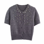 Spring round Neck Short Sleeve Jewelry Inlaid Rib round Neck ShortSleeved Knitted Cardigan Bella Mia