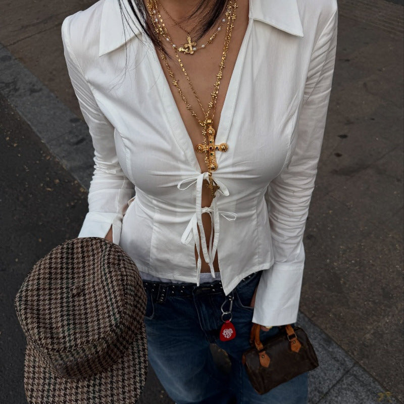 Women Clothing Autumn Street Polo Collar Cardigan Strap Long Sleeve Shirt Top Bella Mia