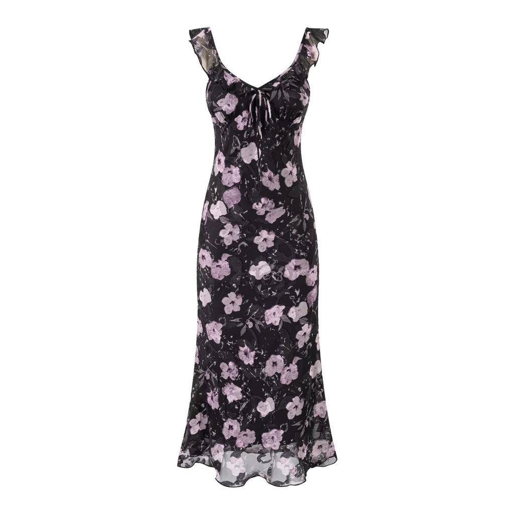 Vacation Ruffled V neck Lace up Printed Fishtail Suspender Skirt Waisted Slim Fit Package Hip Maxi Dress Bella Mia