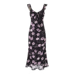 Vacation Ruffled V neck Lace up Printed Fishtail Suspender Skirt Waisted Slim Fit Package Hip Maxi Dress Bella Mia
