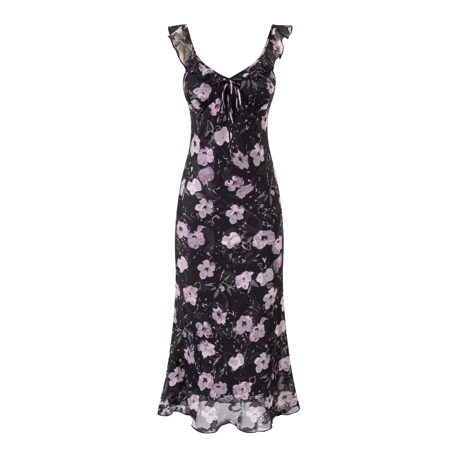Vacation Ruffled V neck Lace up Printed Fishtail Suspender Skirt Waisted Slim Fit Package Hip Maxi Dress Bella Mia