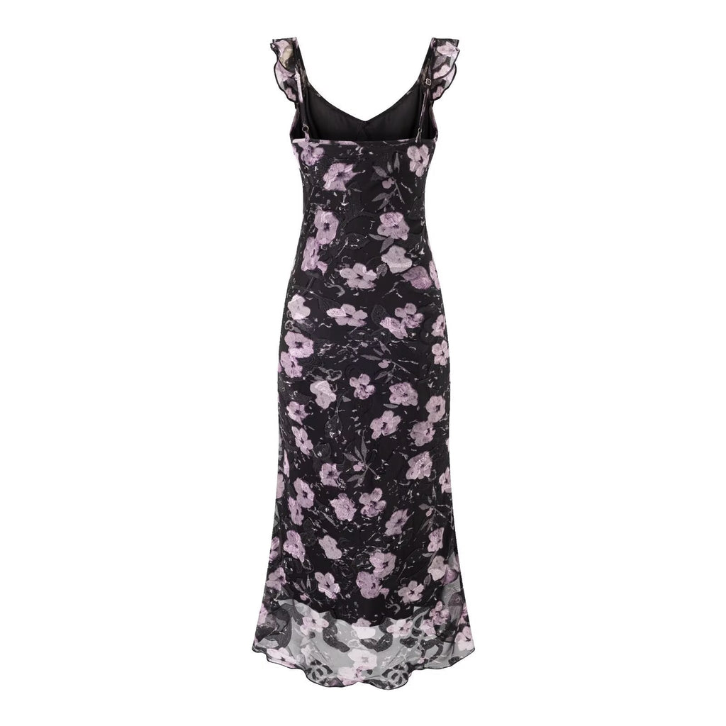 Vacation Ruffled V neck Lace up Printed Fishtail Suspender Skirt Waisted Slim Fit Package Hip Maxi Dress Bella Mia
