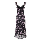 Vacation Ruffled V neck Lace up Printed Fishtail Suspender Skirt Waisted Slim Fit Package Hip Maxi Dress Bella Mia
