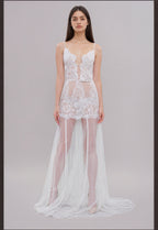 Ethereal Lace Sheer Long Robe with Flowing Train – Elegant Bridal Boudoir Gown SelenaHuanStudio