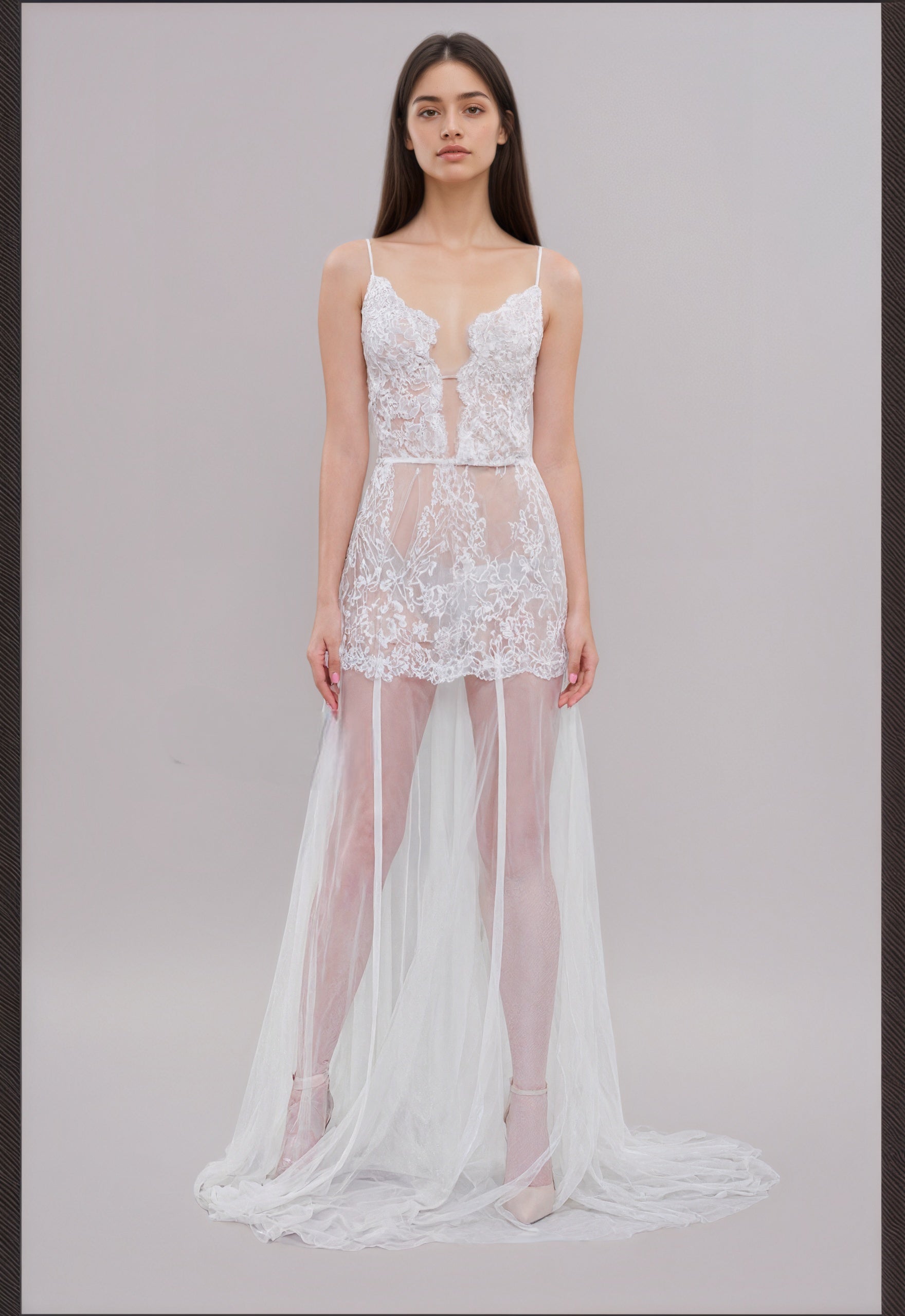 Ethereal Lace Sheer Long Robe with Flowing Train – Elegant Bridal Boudoir Gown SelenaHuanStudio