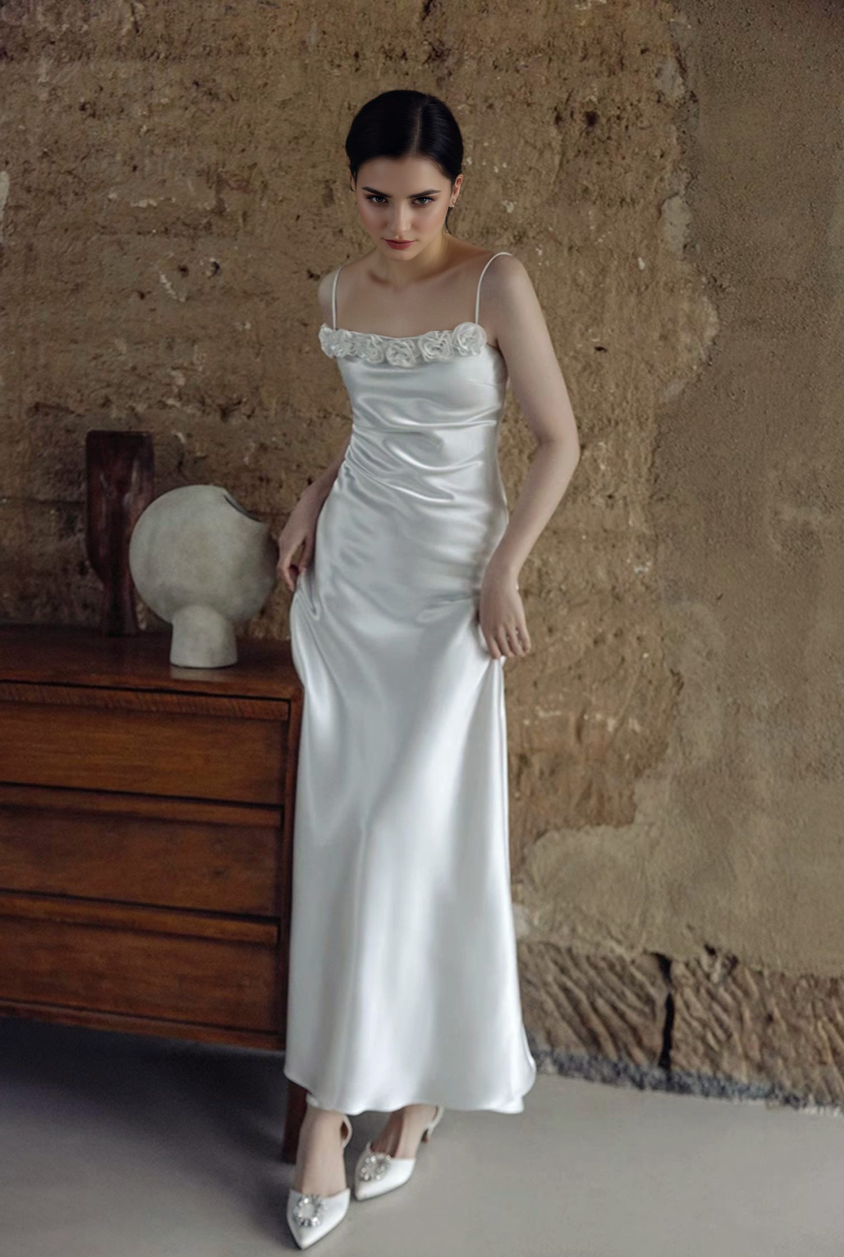 Vintage Rose-Trimmed Satin Slip Wedding Dress with Spaghetti Straps SelenaHuanStudio