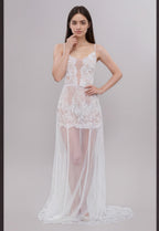 Ethereal Lace Sheer Long Robe with Flowing Train – Elegant Bridal Boudoir Gown SelenaHuanStudio