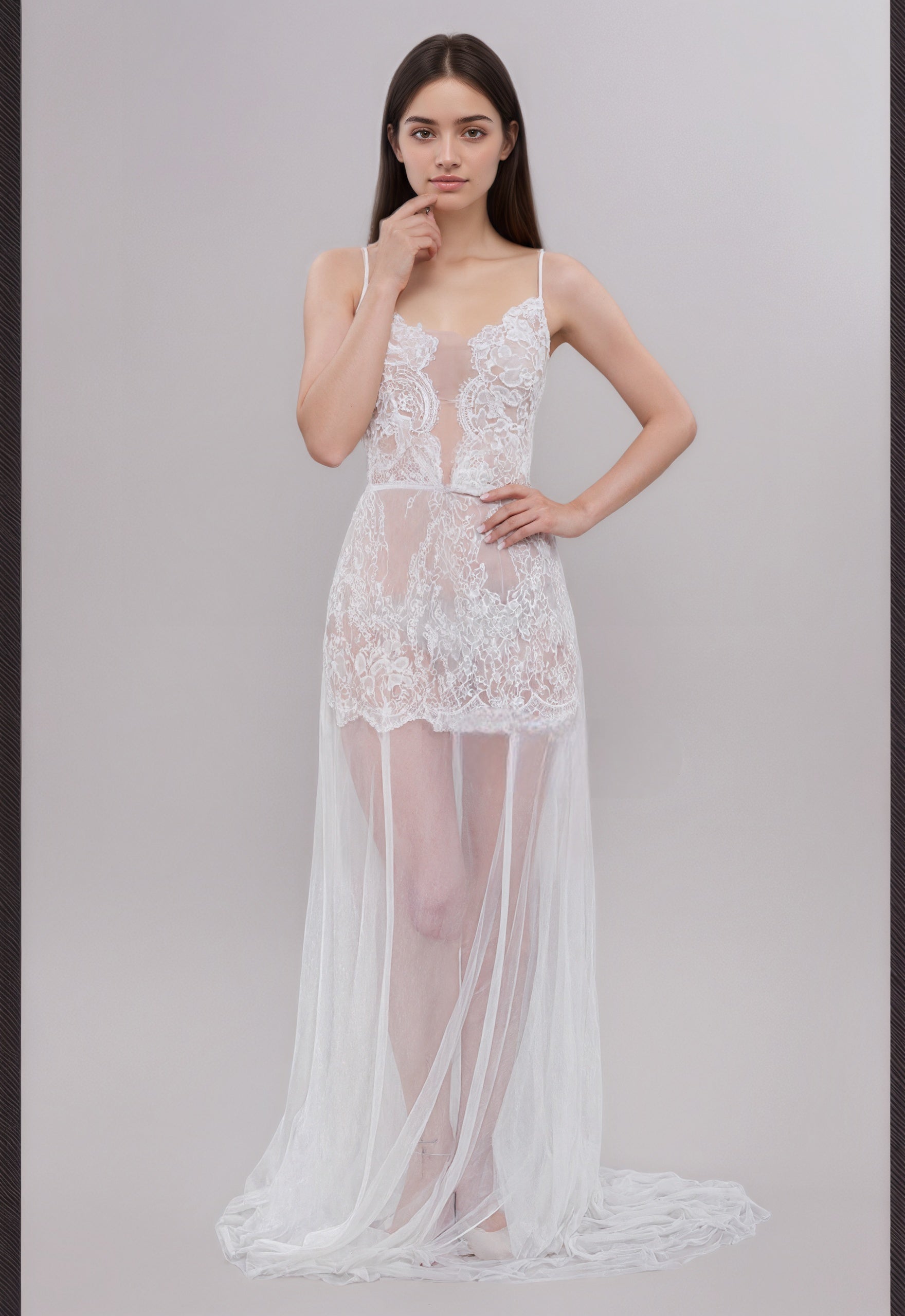 Ethereal Lace Sheer Long Robe with Flowing Train – Elegant Bridal Boudoir Gown SelenaHuanStudio