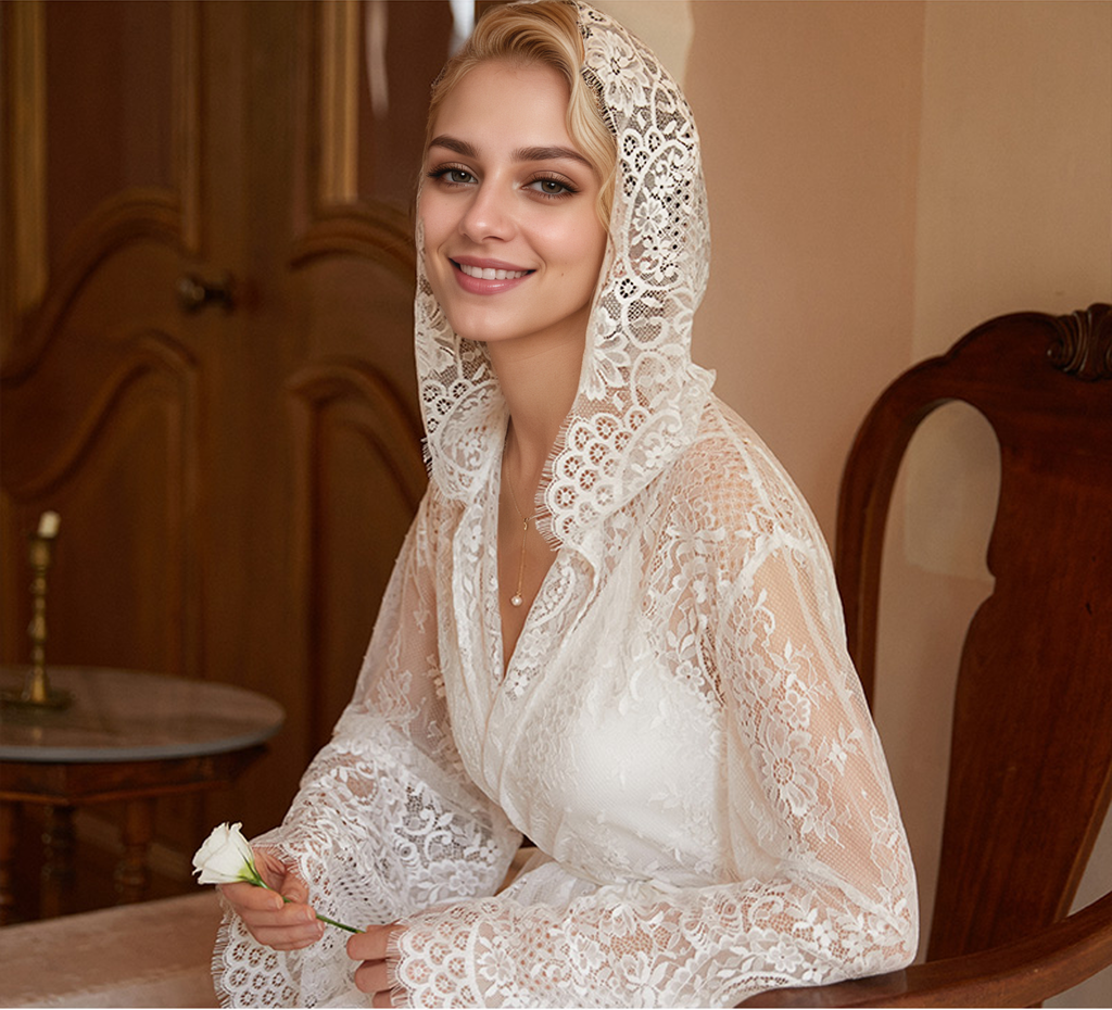 Romantic Floral Lace Hooded Bridal Robe Set – Long Sheer Lace Cover-Up with Satin Slip SelenaHuanStudio