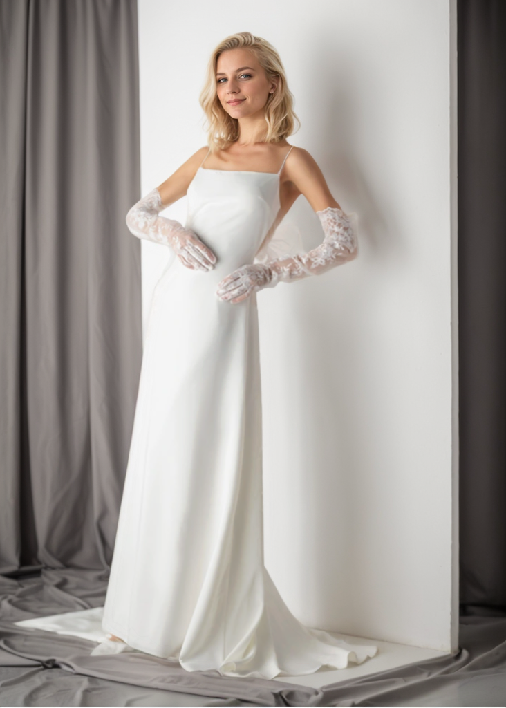 Minimalist Satin Wedding Dress with Delicate Bow Back & Sheer Gloves SelenaHuanStudio
