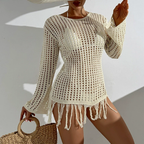 Beach Cover up Hollow Out Cutout out Knitted Dress Long Sleeve All Match Sun Protection Solid Color Tassel Dress See through Simple Sense Bella Mia