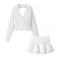 Vintage Collared Edge Deep V Plunge neck Long Sleeve Waist Short Shirt Bare Back plus High Waist Pleated Little Short Dress Bella Mia