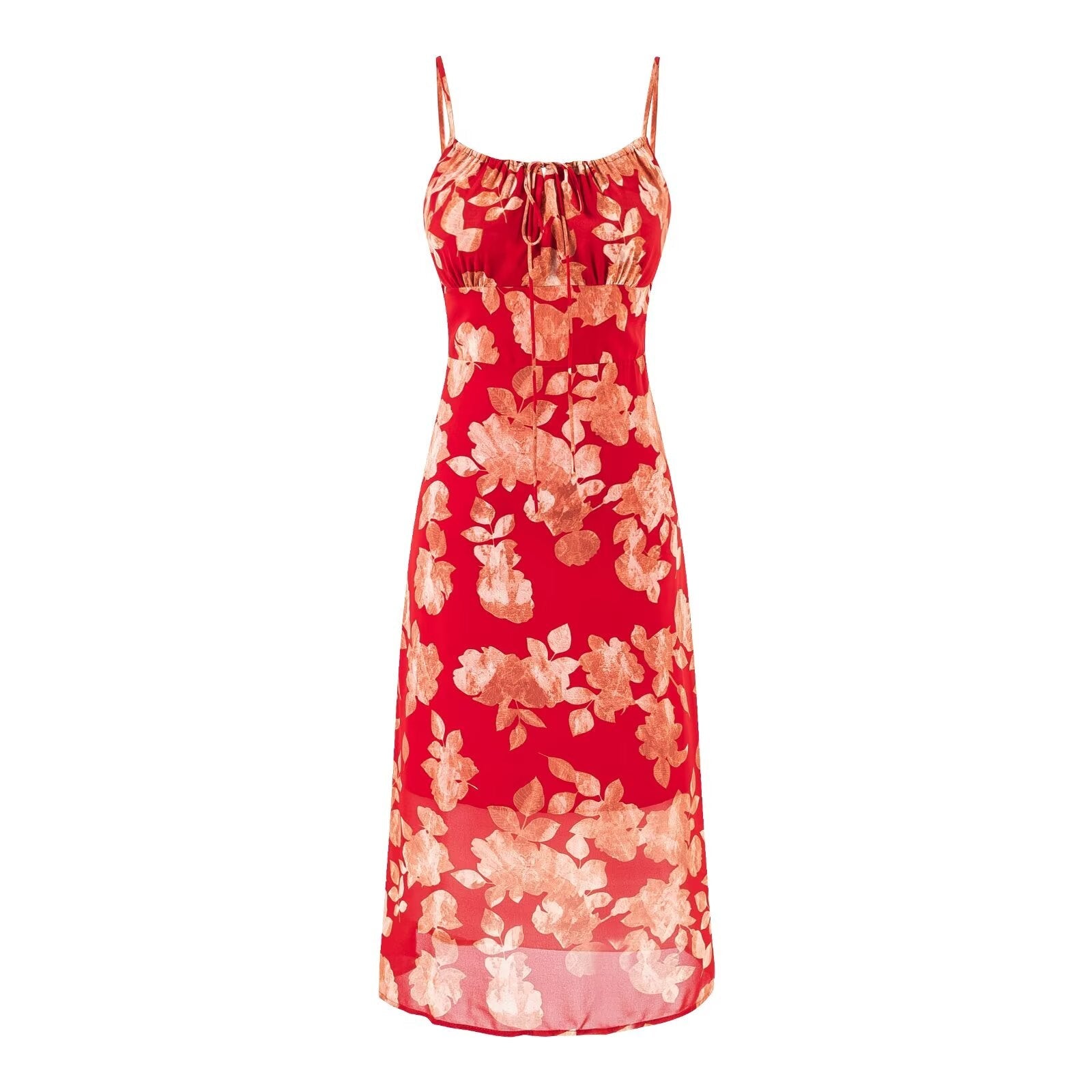 Vacation Red Printed Casual Drawstring Suspender Dress