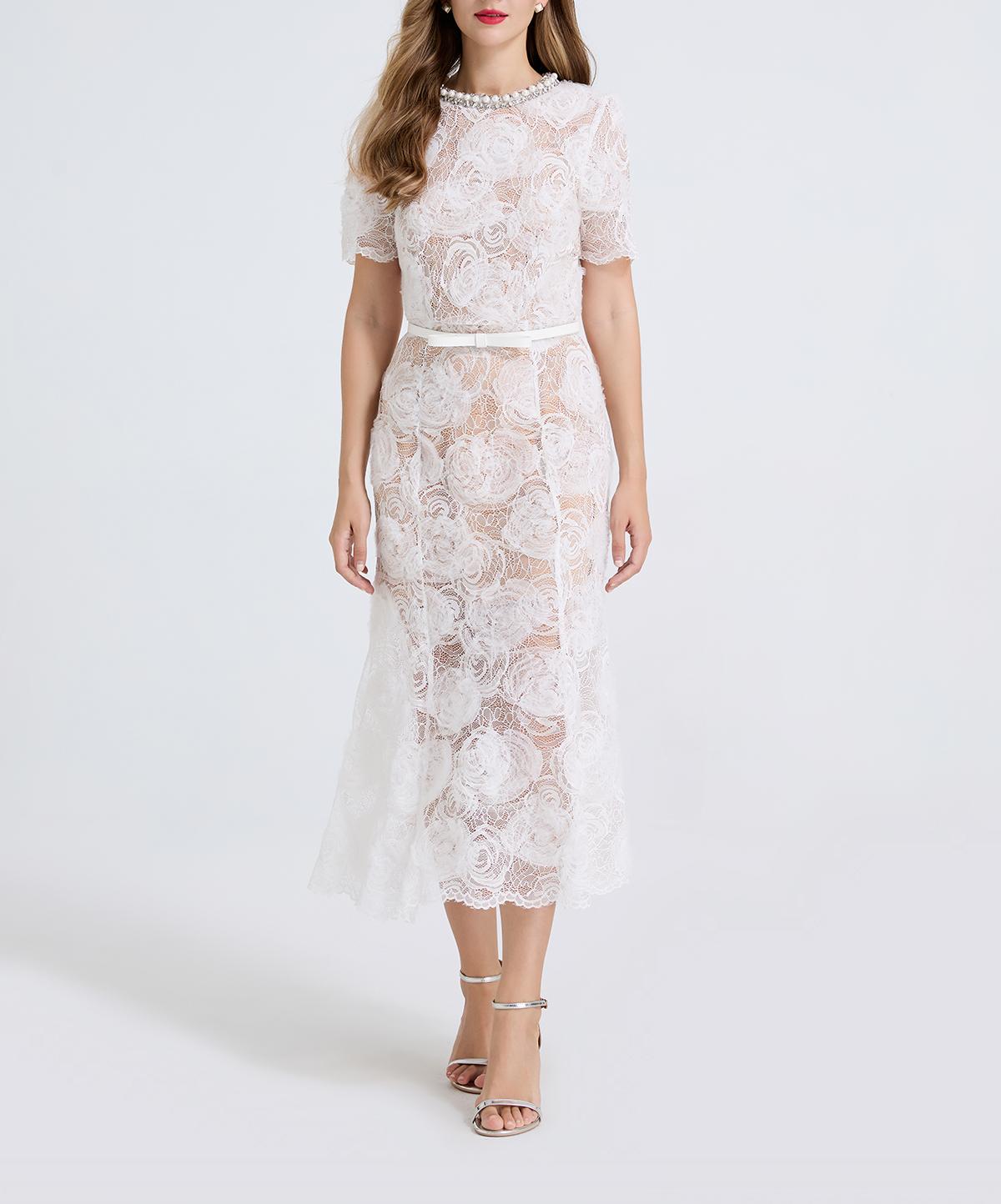 Women Sheer Lace Beaded Rhinestone Studded Fitted Fishtail Dress Bella Mia