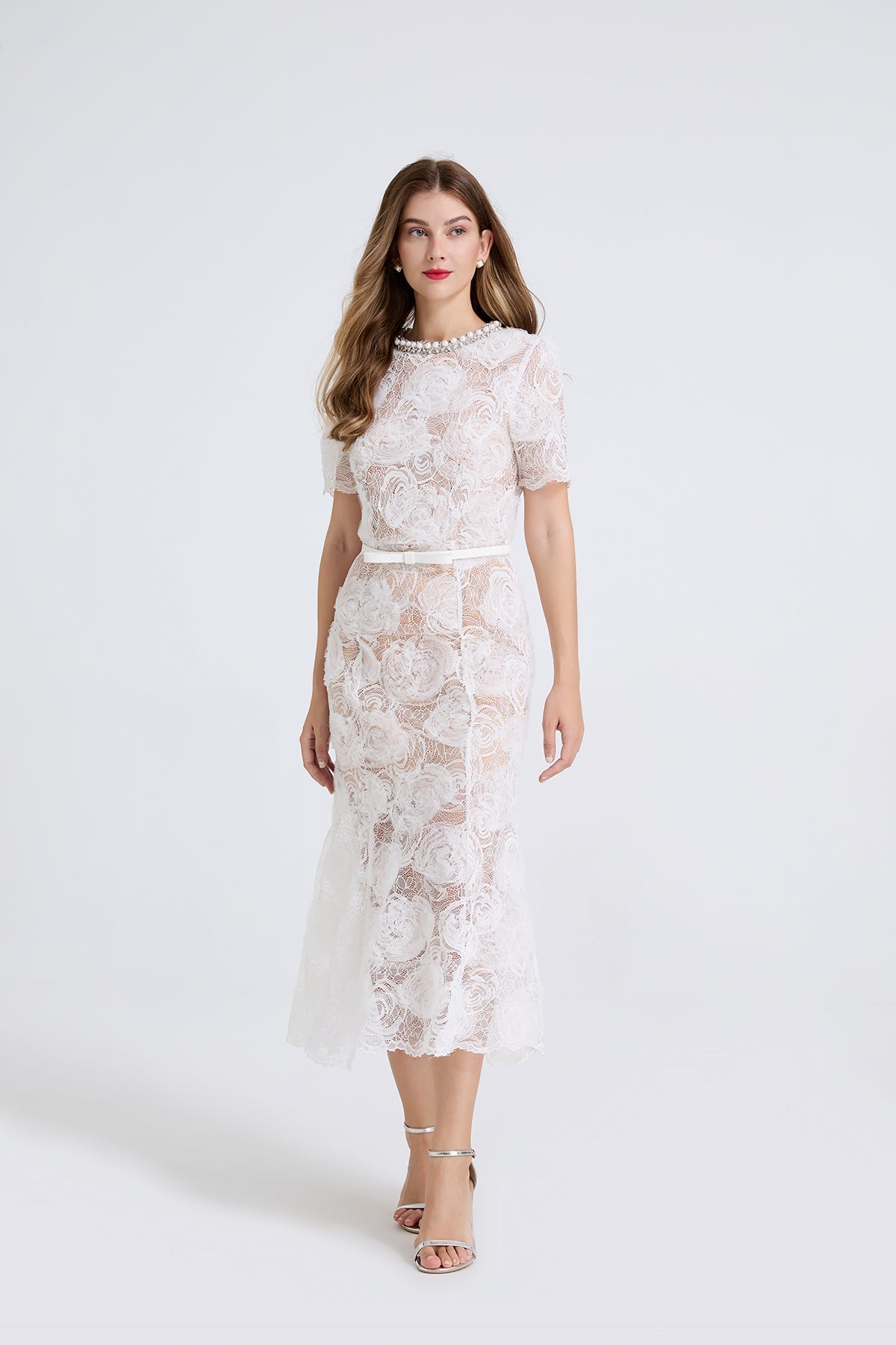 Women Sheer Lace Beaded Rhinestone Studded Fitted Fishtail Dress Bella Mia