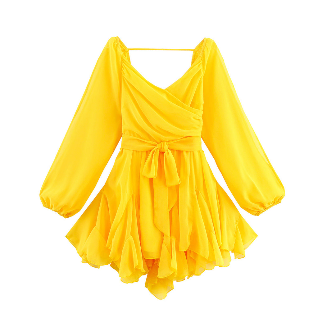 Women Clothing Fall Backless Cross Strap Lantern Sleeve Chiffon Dress Bella Mia