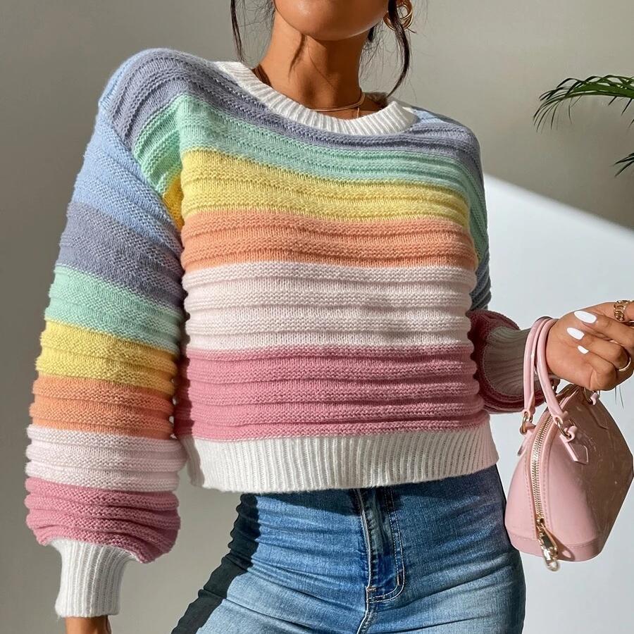 Autumn Winter Elegant Elegant Spliced Sweater Rainbow Striped Lantern Sleeve Knitted Pullover Bella Mia