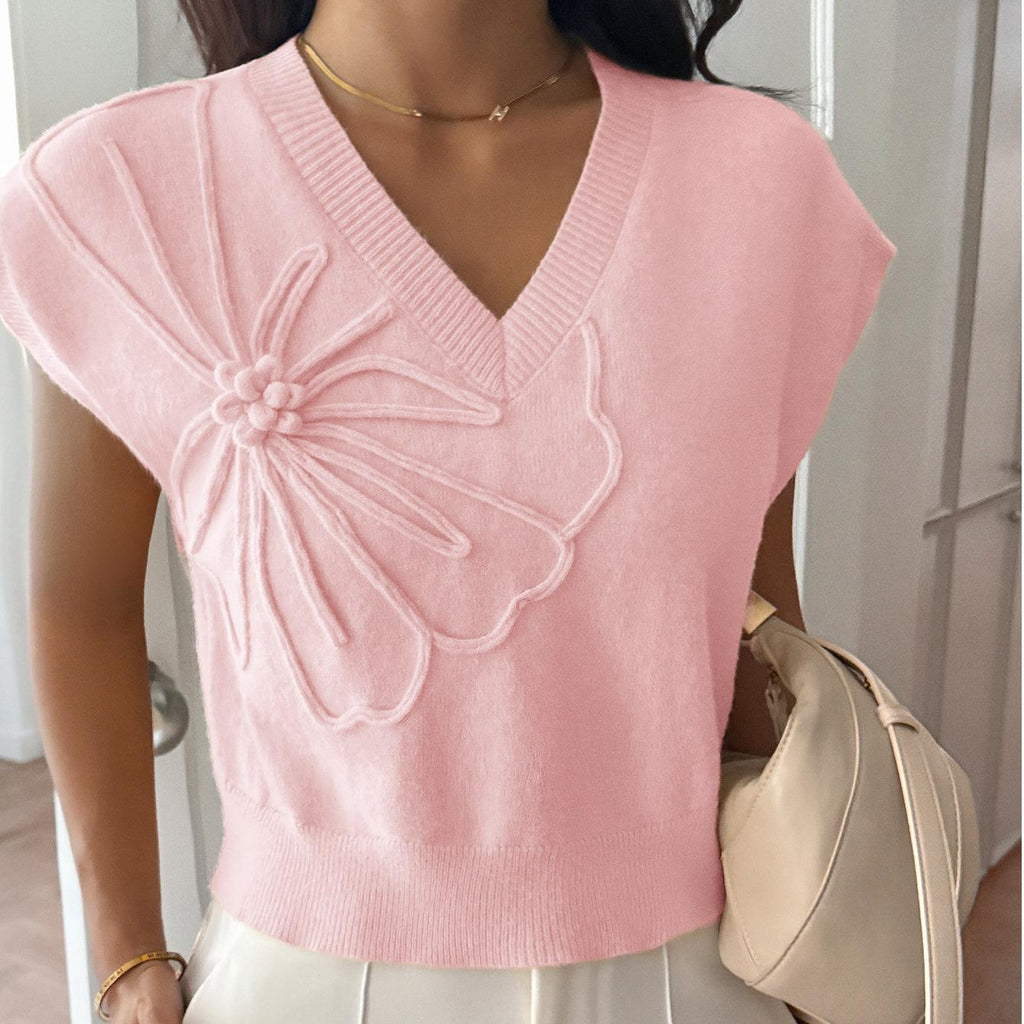 Women Clothing Autumn Winter Casual Vacation Deep V Plunge Neck Solid Color Sweater with Short Sleeves Bella Mia